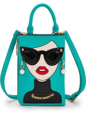 Women Turquoise Novelty Lady Face PU Leather ShoulderBag Handle Satchel Clutch